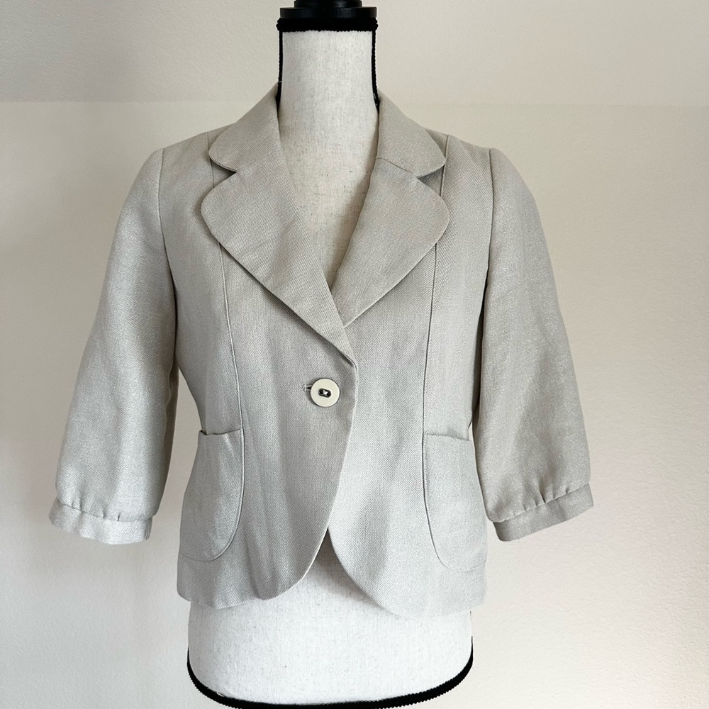 Ann Taylor Loft Petite One Button Cropped Blazer Bolero 3/4 Puff Sleeves Size 8